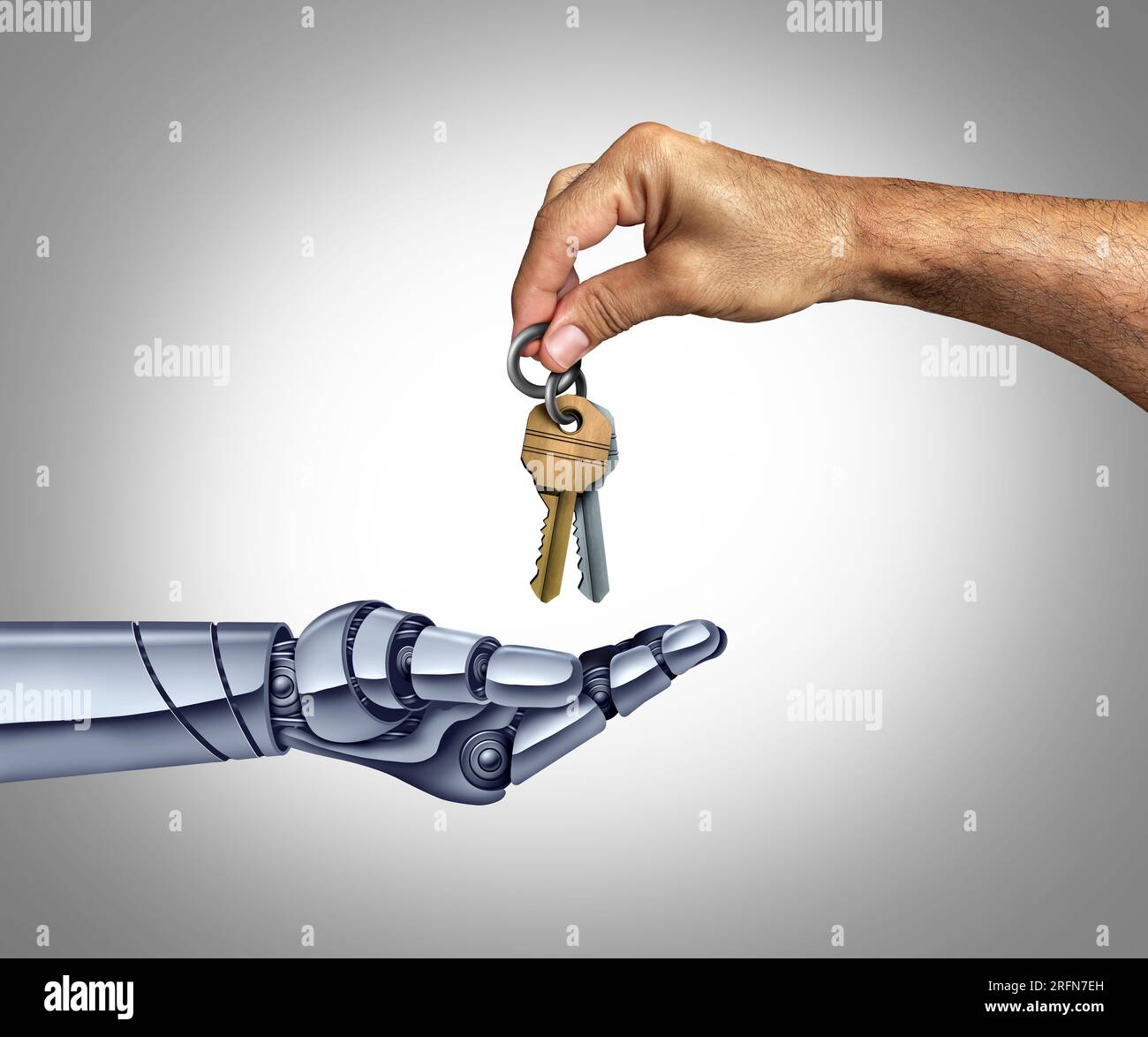 Human To Robot Control and Robotic automation or cyborg delegation to person handover of the keys to Autonomous tasks as AI or artificial intelligence Stock Photo