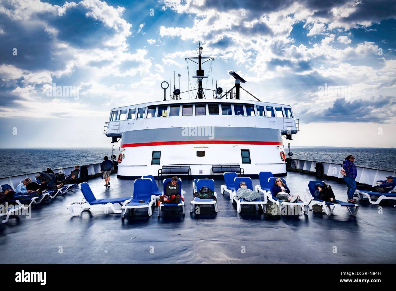 Passengers lounging on the deck of the SS Badger, a National Historic