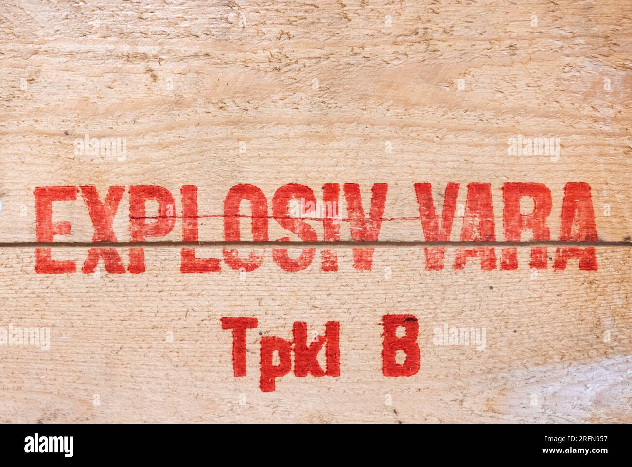 Signs and symbols, a flea market, explosive item (In swedish: Explosiv vara, Tpkl B). Stock Photo