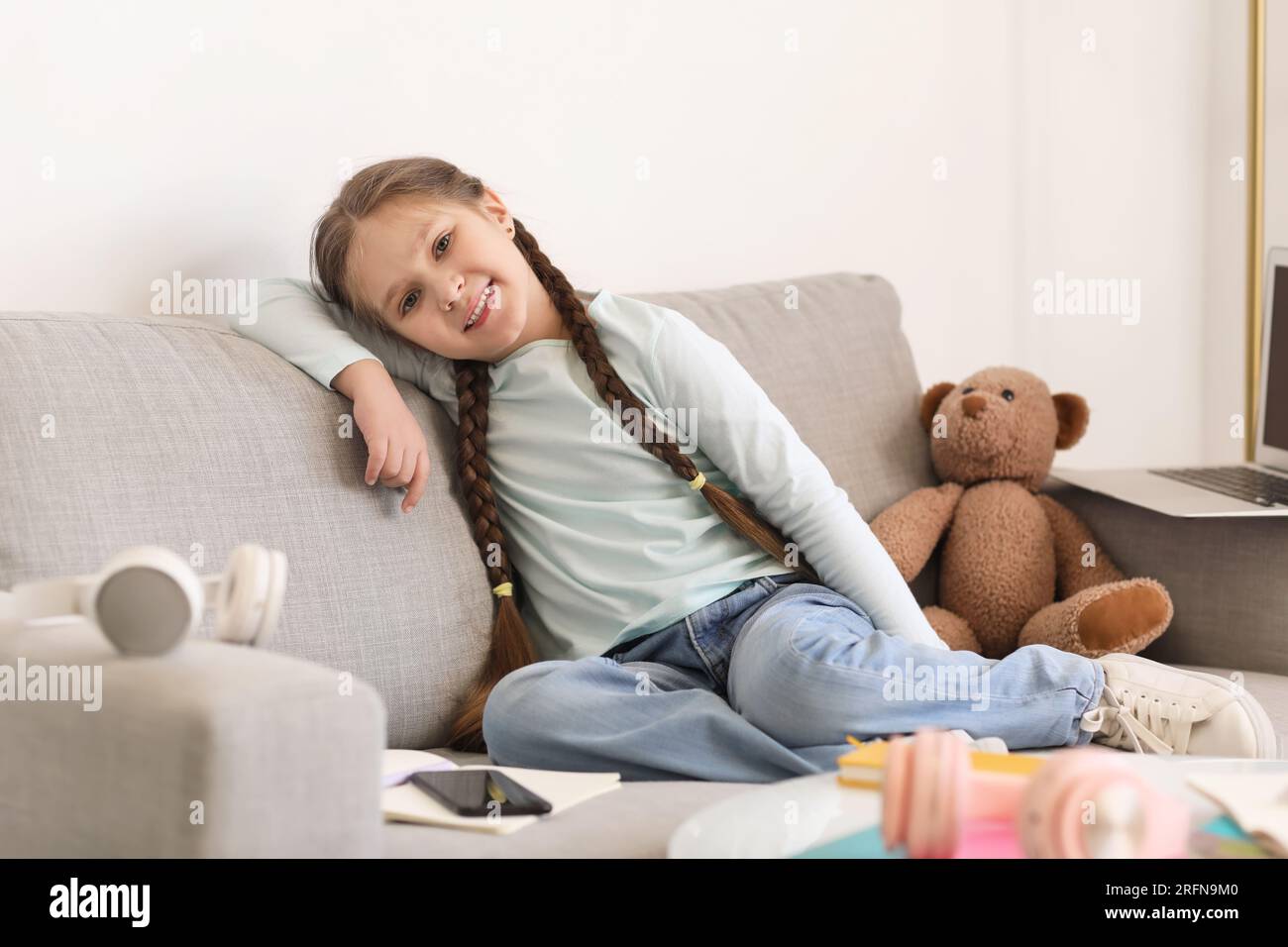 Little girl studying computer sciences online at home Stock Photo - Alamy