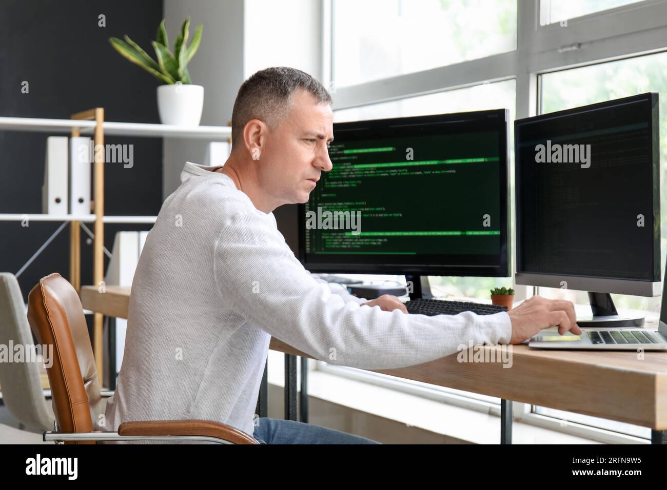 Mature male programmer working in light office Stock Photo
