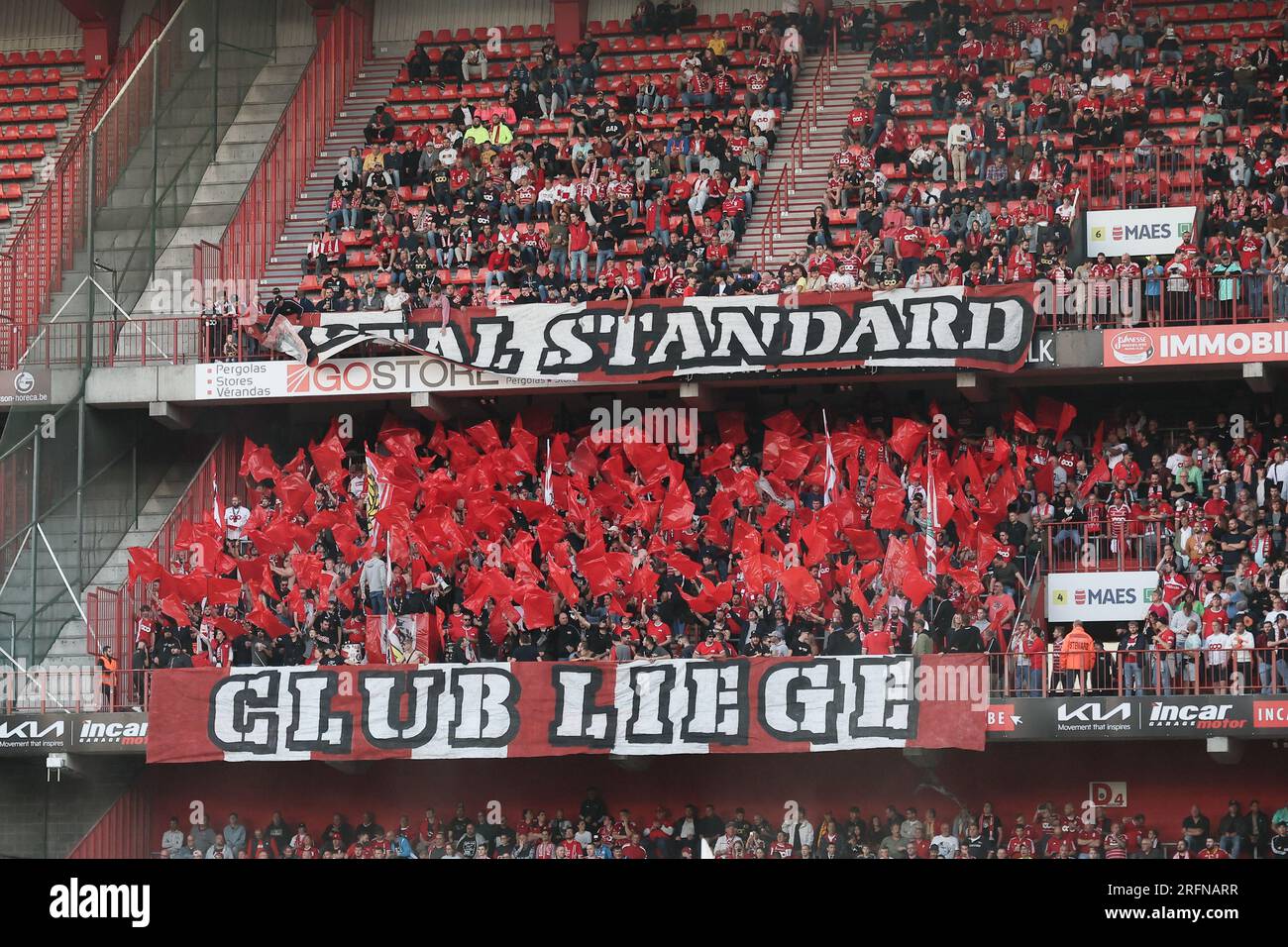 Liege, Belgium. 04th Aug, 2023. Standard's supporters pictured during a soccer match between Standard de Liege and Royale Union SG, Friday 04 August 2023 in Liege, on day 2/30 of the 2023-2024 'Jupiler Pro League' first division of the Belgian championship. BELGA PHOTO BRUNO FAHY Credit: Belga News Agency/Alamy Live News Stock Photo