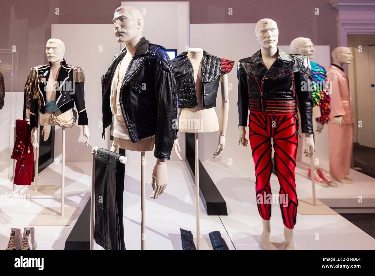 London, UK.  4 August 2023. (C) Freddie Mercury's 'Crazy Little Thing Called Love' black leather jacket, worn 1978 – early 1980s (Est. £23,000-26,000) on the opening day of a month-long public exhibition ‘Freddie Mercury: A World of His Own’ at Sotheby’s.  The exhibition precedes six auctions in September at Sotheby’s New Bond Street galleries of a collection of possessions owned by Queen’s lead singer, kept at his home at Garden Lodge and accrued over the course of fifty years.  Credit: Stephen Chung / Alamy Live News Stock Photo