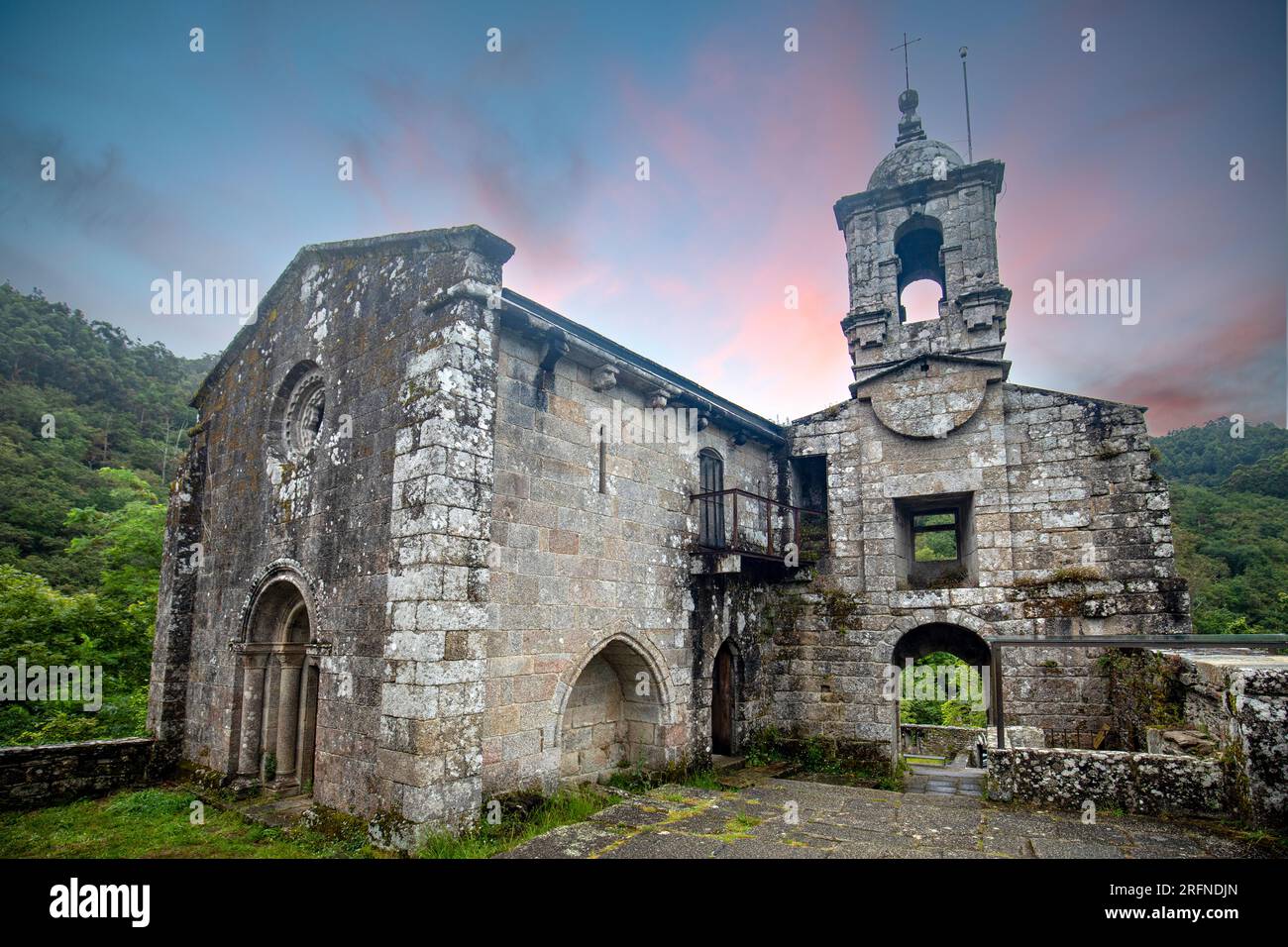 Monastery of San Juan de Caveiro at sunrise, Parque Natural de las fraguas del Eume in A Coruna, Galicia, Spain Stock Photo