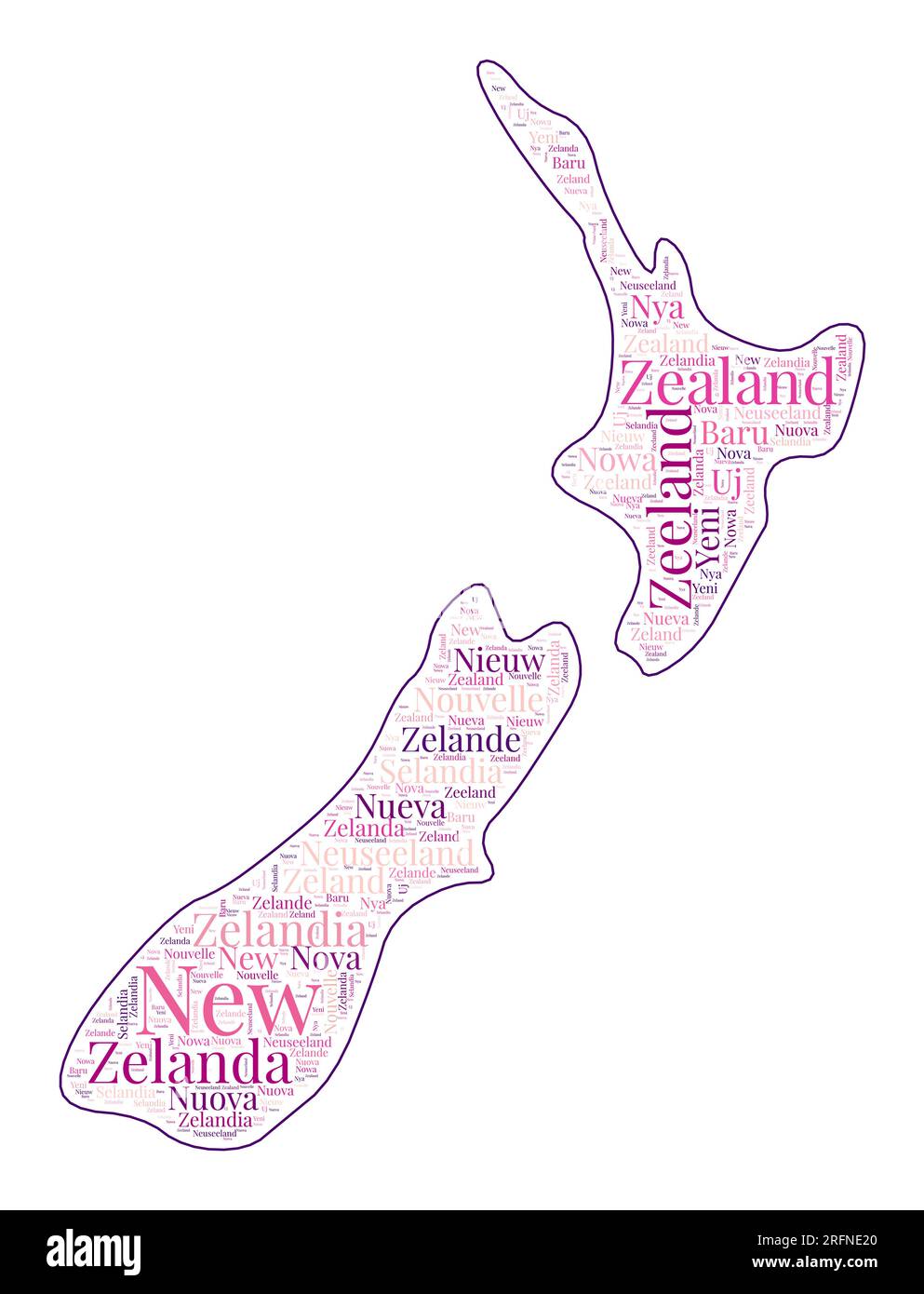 New Zealand shape filled with country name in many languages. New Zealand map in wordcloud style