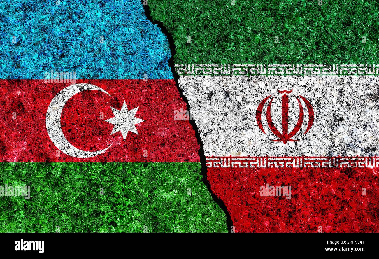 Flags of Azerbaijan and Iran together. Iran Azerbaijan conflict. Iran vs Azerbaijan Stock Photo