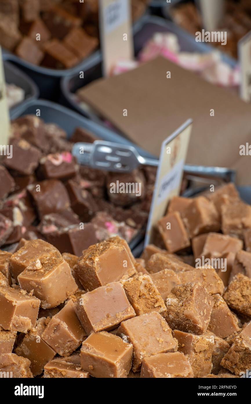 selection of handmade fudge on display on a market stall Stock Photo