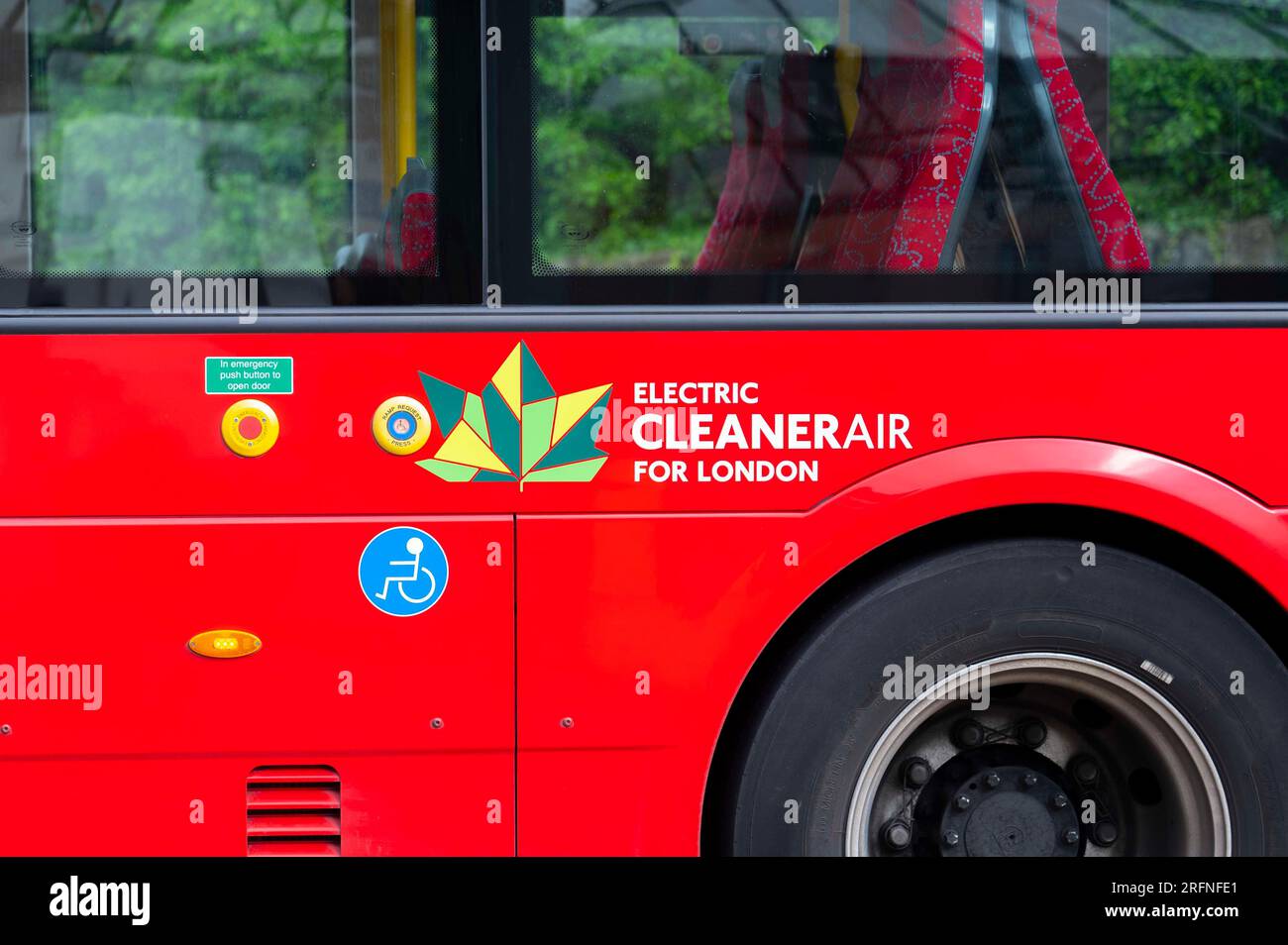 London, England -4 August 2023: Cleaner Air for London logo and caption on the side of an electric powered London bus. Stock Photo