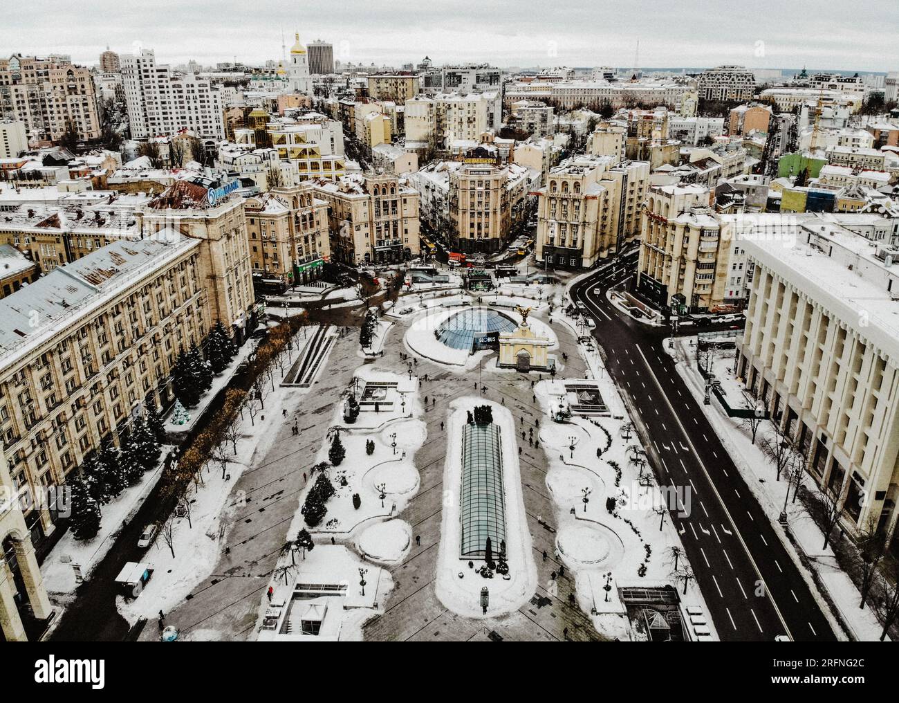 Maidan Nezalezhnosti square in Kyiv.Aerial drone photo of Statue of Independence in center of Maydan Square.Gold statue on high marble column in capit Stock Photo