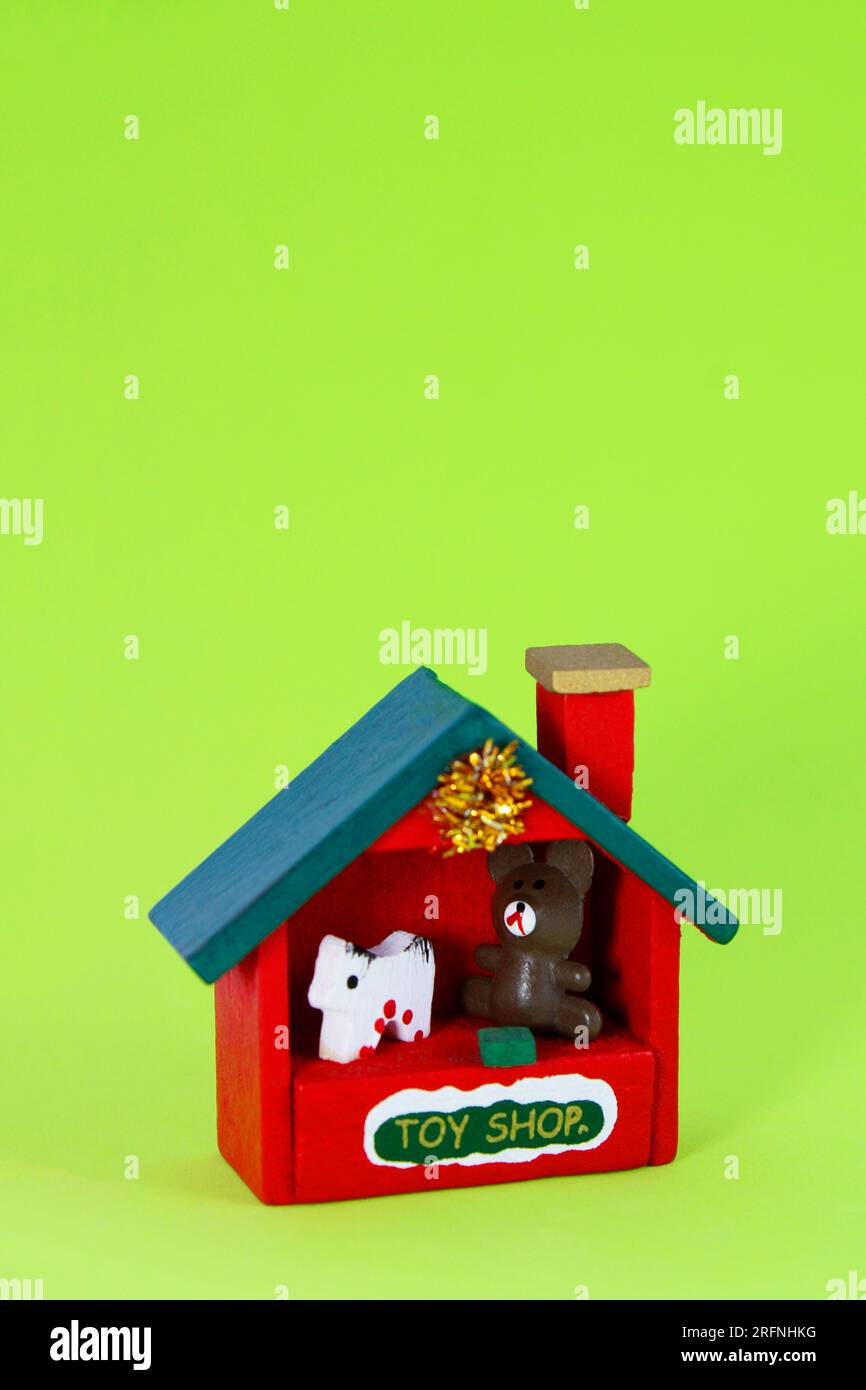 House with colorful wooden toys, christmas ornament Stock Photo