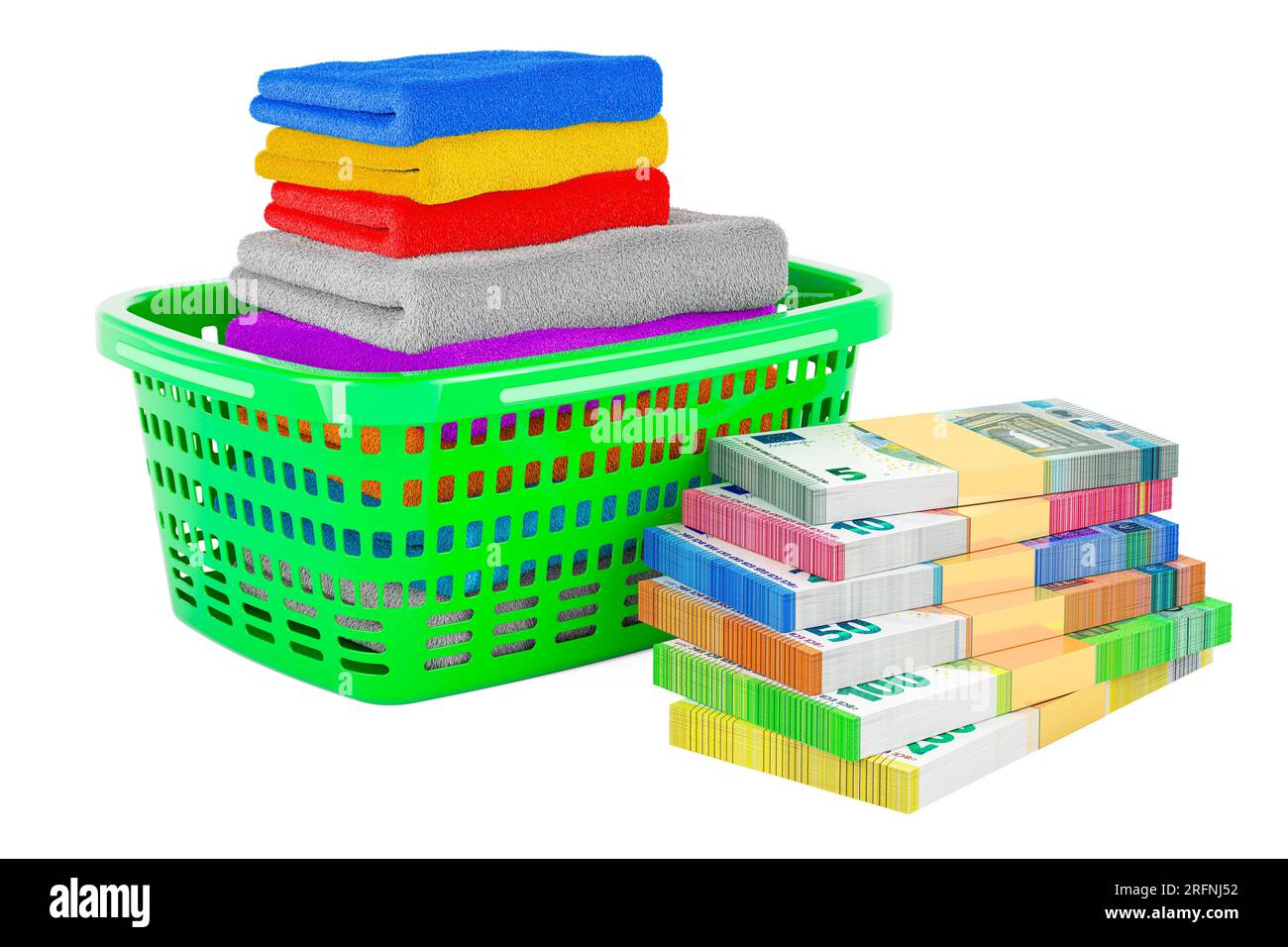Laundry basket full of clean clothes with euro packs. 3D rendering