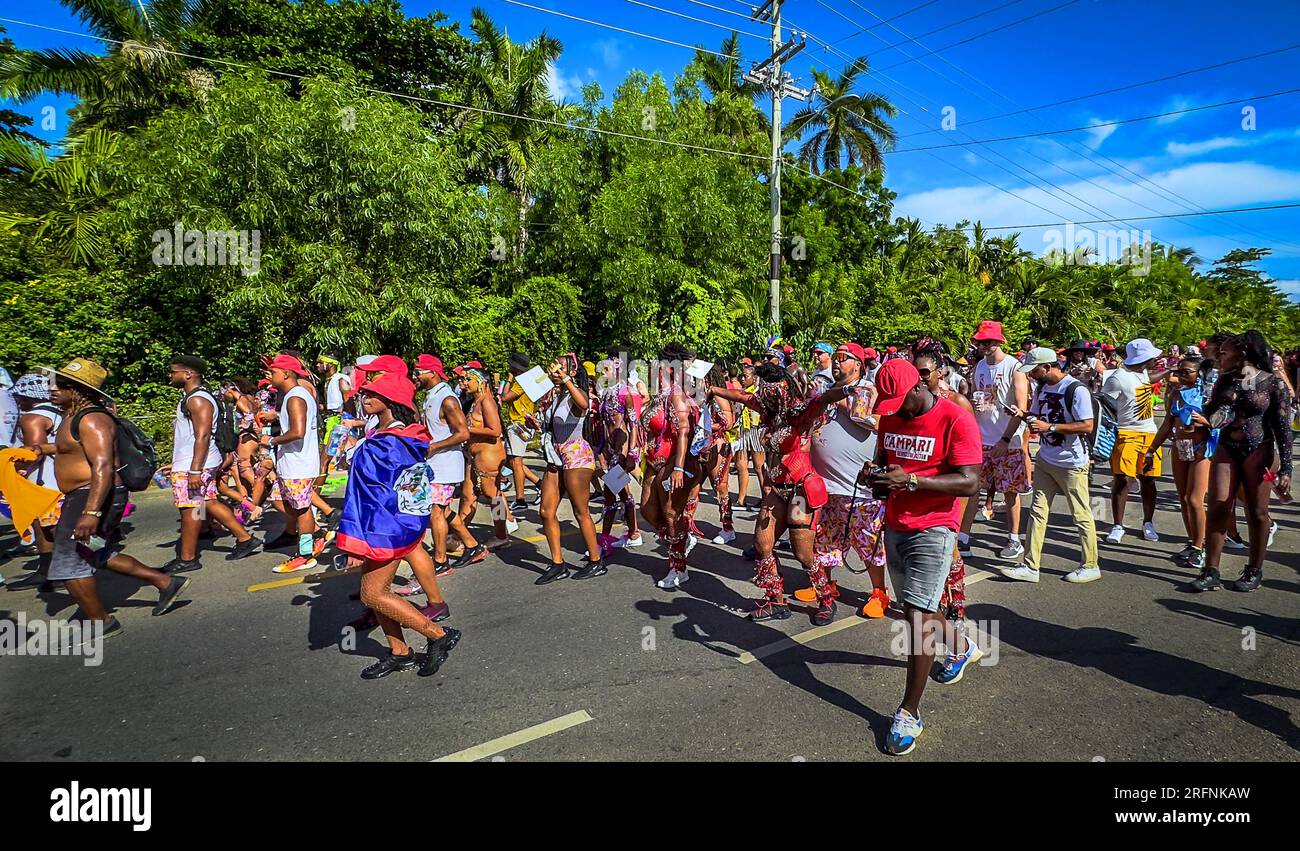 Grand Cayman, Cayman Islands, July 1st, 2023, carnival goers parading