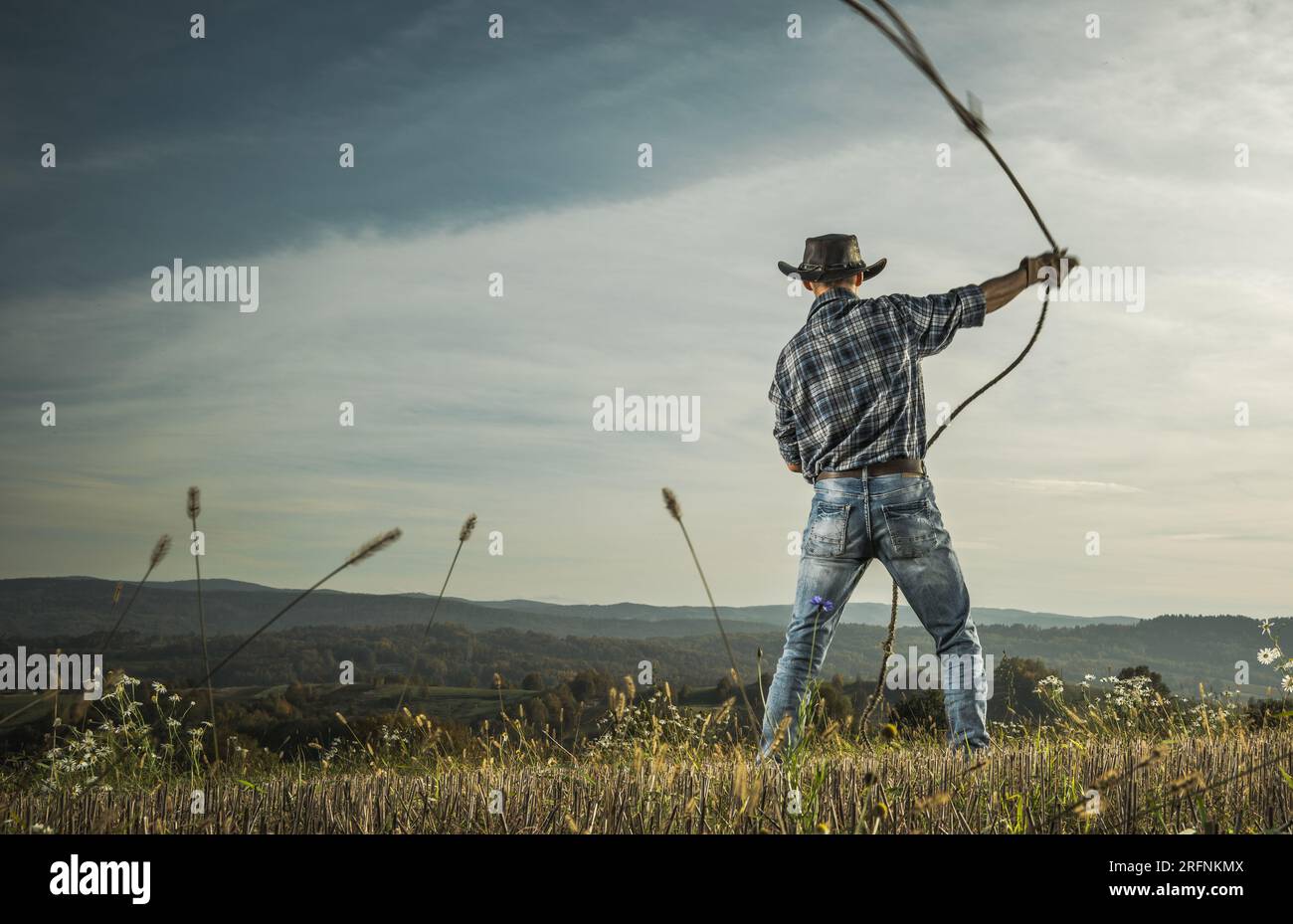 American Rancher with Lasso in His Hands Taking Training on His Farmland Stock Photo