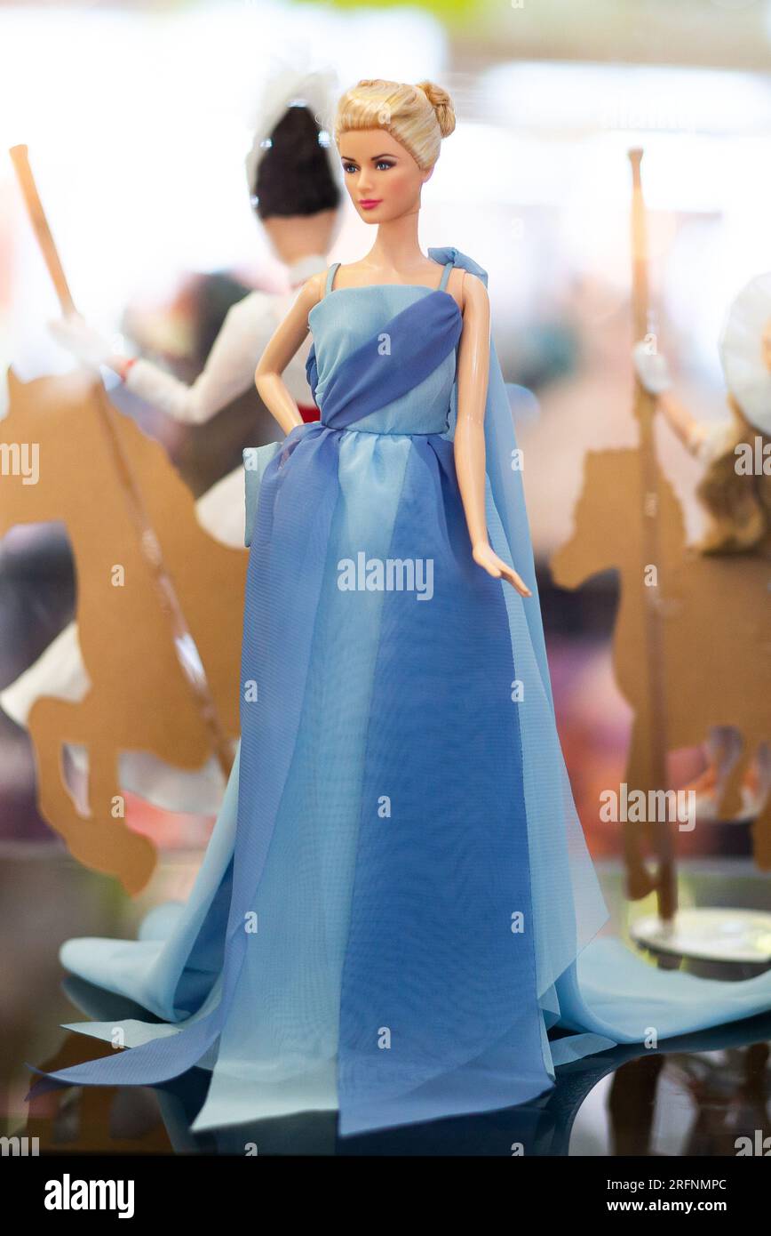 A Barbie doll is displayed at the 'Barbie Film and Fashion' exhibition,  more than 200 Barbie dolls, paying homage to show business and fashion, on  Aug Stock Photo - Alamy