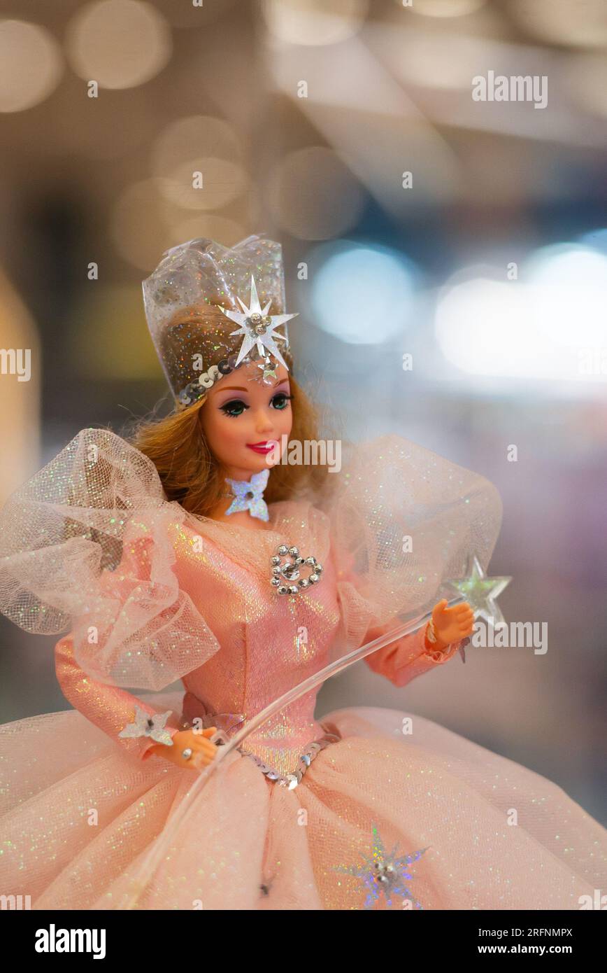 A Barbie doll is displayed at the 'Barbie Film and Fashion' exhibition, more than 200 Barbie dolls, paying homage to show business and fashion, on Aug Stock Photo