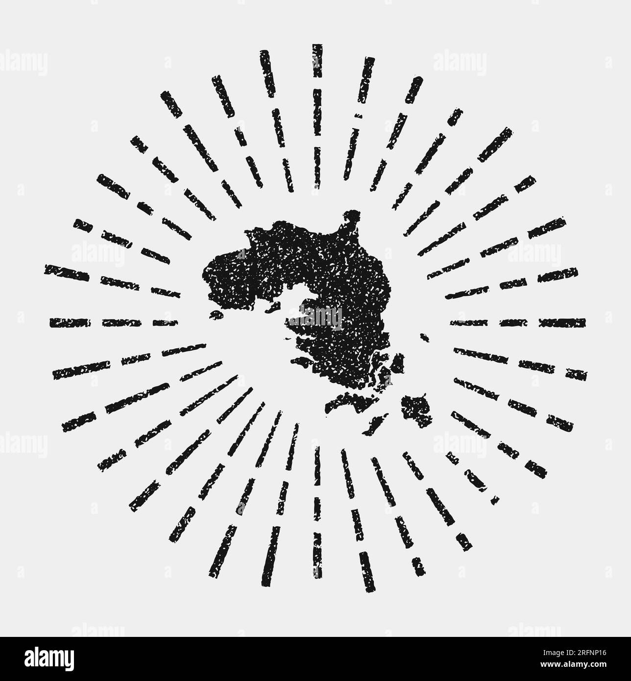 Vintage map of Bintan Island. Grunge sunburst around the island. Black