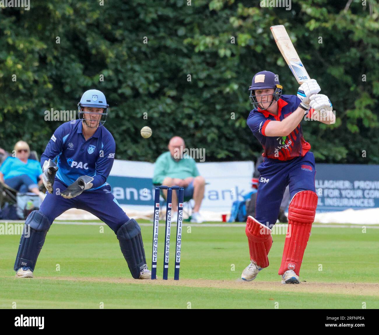 Stormont, Belfast, Northern Ireland, UK. 04 Aug 2023. The Gallagher Challenge Cup Final – Carrickfergus v Waringstown (red). Waringstown won the final by 36 runs. Waringstown 354-4 Carrickfergus 318. Morgan Topping on his way to 150 for Waringstown. Credit: David Hunter/Alamy Live New Stock Photo
