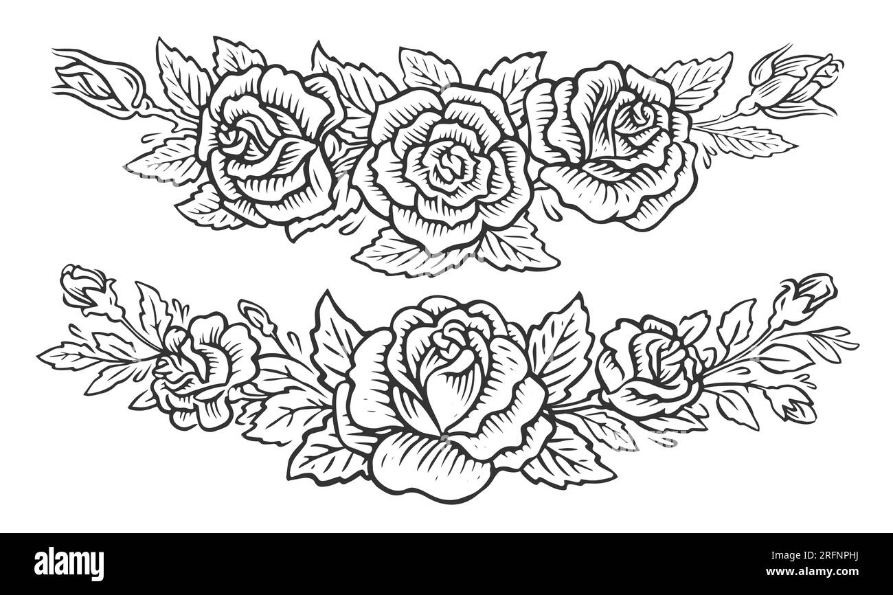Flourish design set. Floral frame border. Roses, flowers and leaves. Vintage decorations sketch illustration Stock Photo