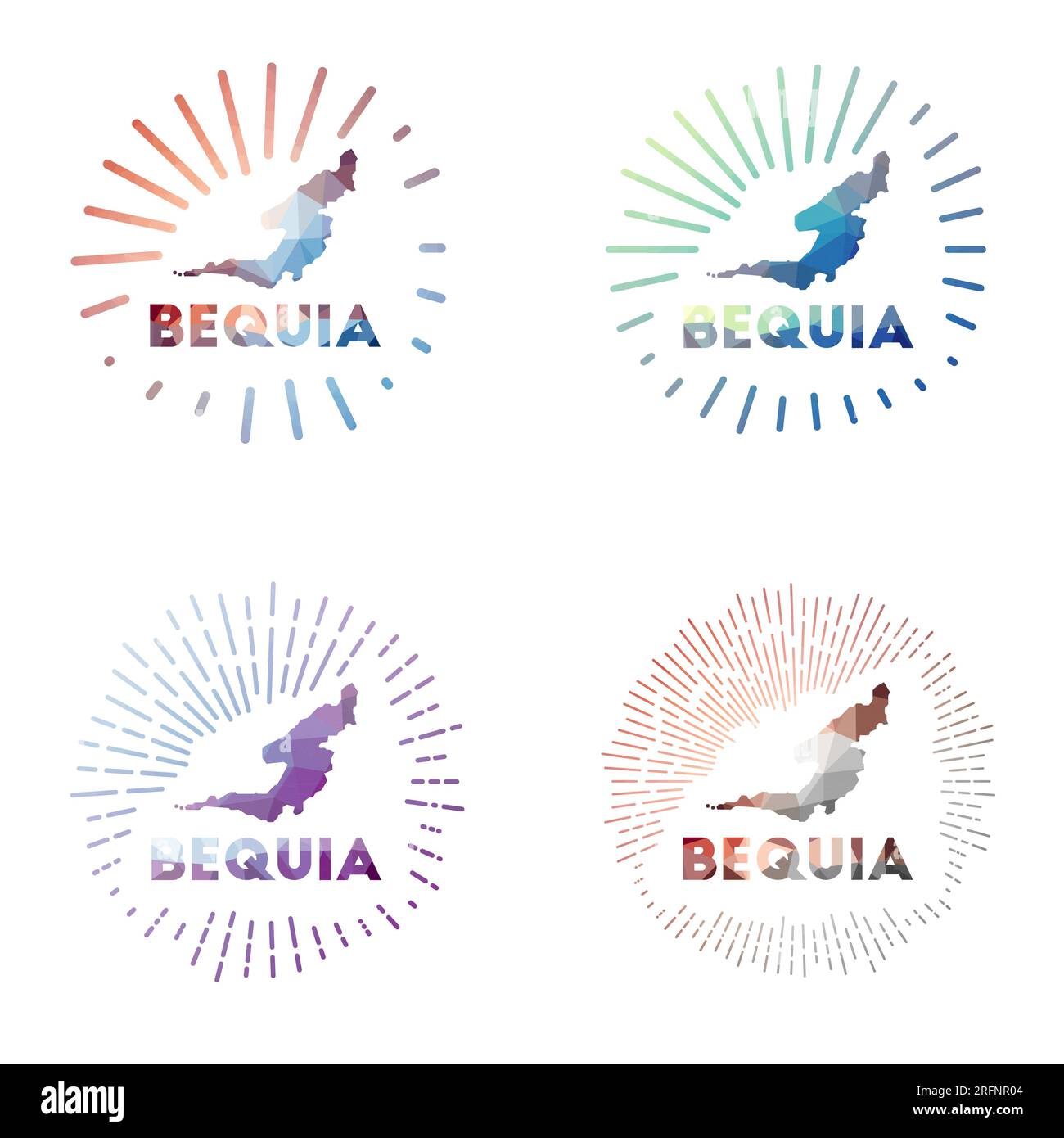 Bequia low poly sunburst set. Logo of island in geometric polygonal style. Vector illustration. Stock Vector