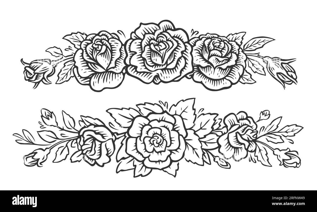 Floral frame border. Flowers and leaves, roses. Flourish design set. Vintage decorations sketch illustration Stock Photo