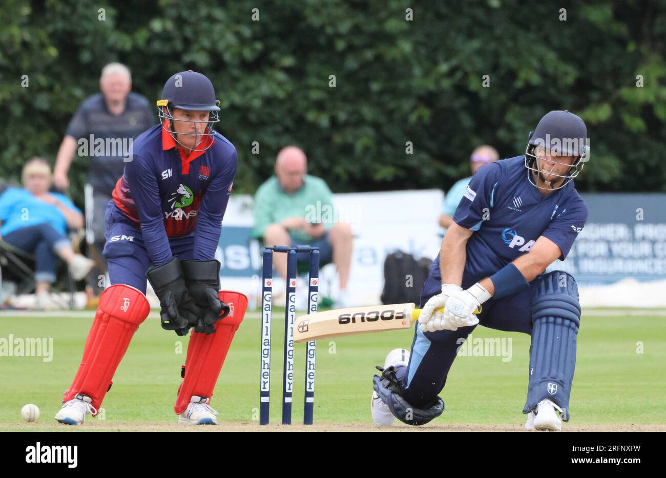 Stormont, Belfast, Northern Ireland, UK. 04 Aug 2023. The Gallagher Challenge Cup Final – Carrickfergus v Waringstown (red). Waringstown won the final by 36 runs. Waringstown 354-4 Carrickfergus 318. Carrickfergus player Jake Egan made 87 in the final. Credit: David Hunter/Alamy Live New Stock Photo