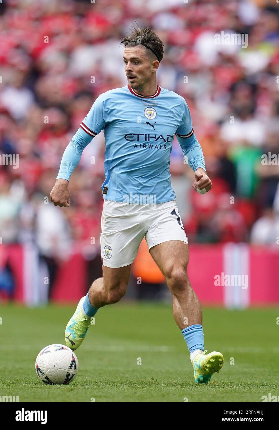 Manchester City's Jack Grealish during the Emirates FA Cup final at Wembley Stadium, London. Picture date: Saturday June 3, 2023. See PA Story SOCCER Final. Photo credit should read: Nick Potts/PA Wire. RESTRICTIONS: EDITORIAL USE ONLY No use with unauthorised audio, video, data, fixture lists, club/league logos or 'live' services. Online in-match use limited to 120 images, no video emulation. No use in betting, games or single club/league/player publications. Stock Photo