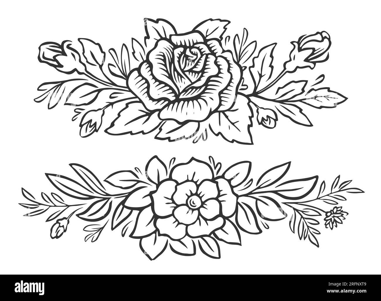 Floral pattern with flowers and leaves. Sketch illustration. Roses vintage border design for greeting card or invitation Stock Photo