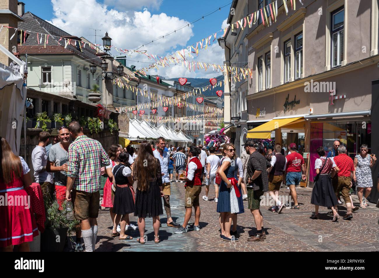 Villach, Austria (31st July 2023) - The central main street crowded and decorated for the local feast 'Villacher kirchtag' Stock Photo