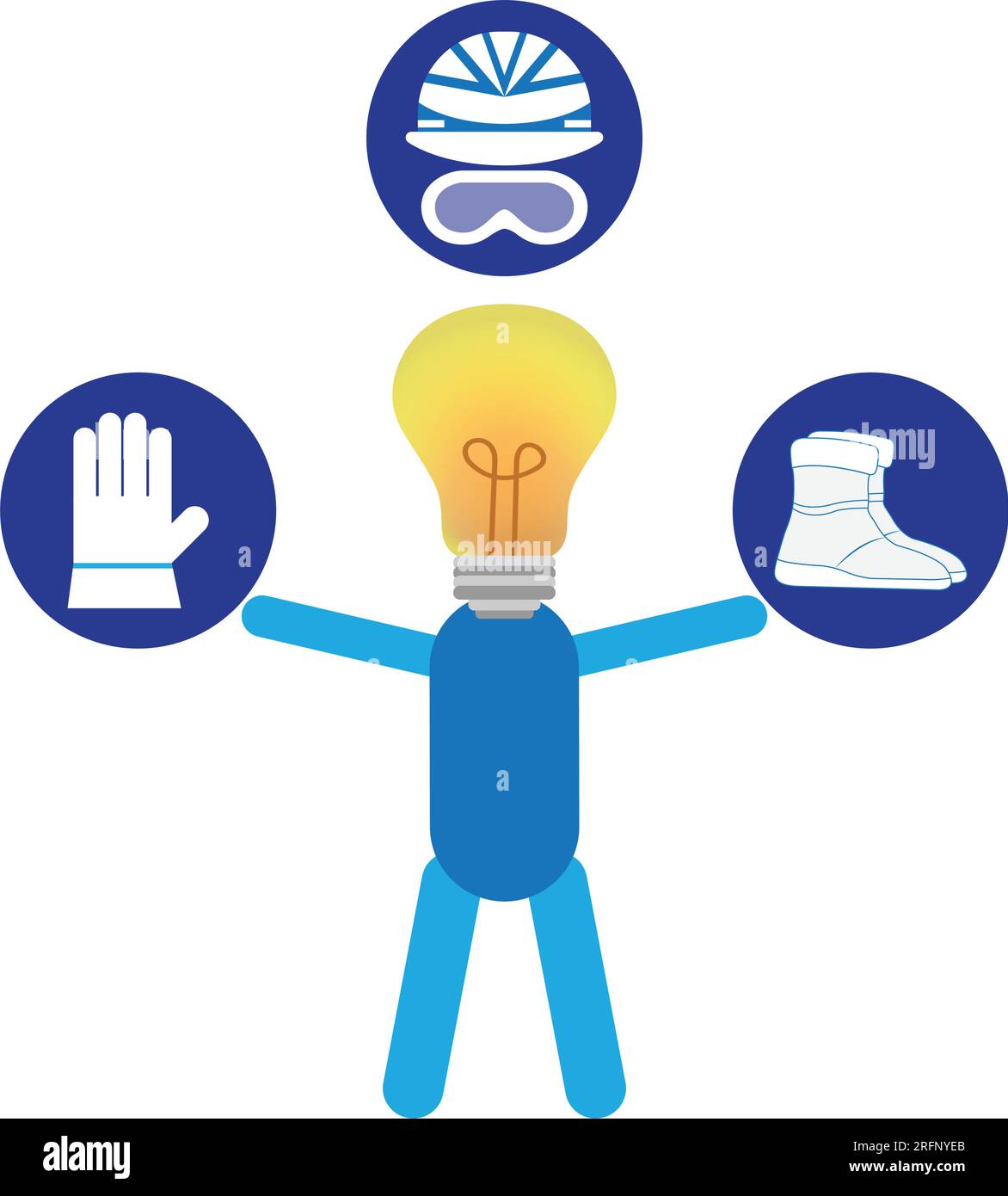 Silhouette of a person with light bulb instead of head and holding icons of safety work equipment Stock Vector