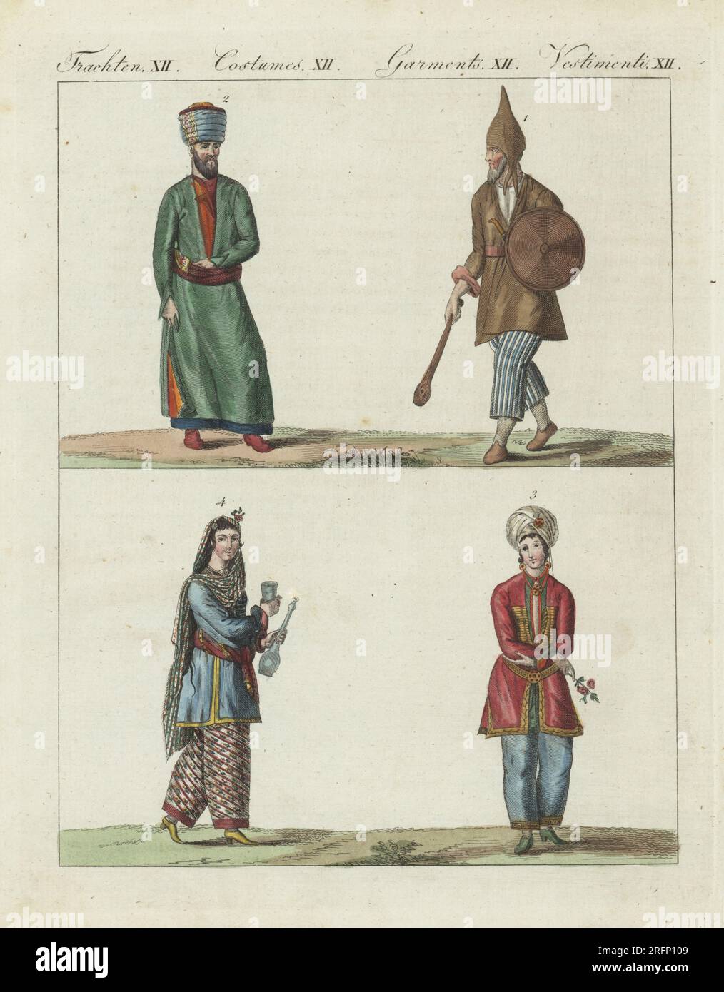 Costumes of Kurds and Persians. Mountain Kurd with cudgel and shield 1, Persian man in silk summer outfit 2, and Persian women in shawl or turban, tunic and pantaloons 3,4. Handcoloured copperplate engraving from Carl Bertuch's Bilderbuch fur Kinder (Picture Book for Children), Weimar, 1810. A 12-volume encyclopedia for children illustrated with almost 1,200 engraved plates on natural history, science, costume, mythology, etc., published from 1790-1830. Stock Photo