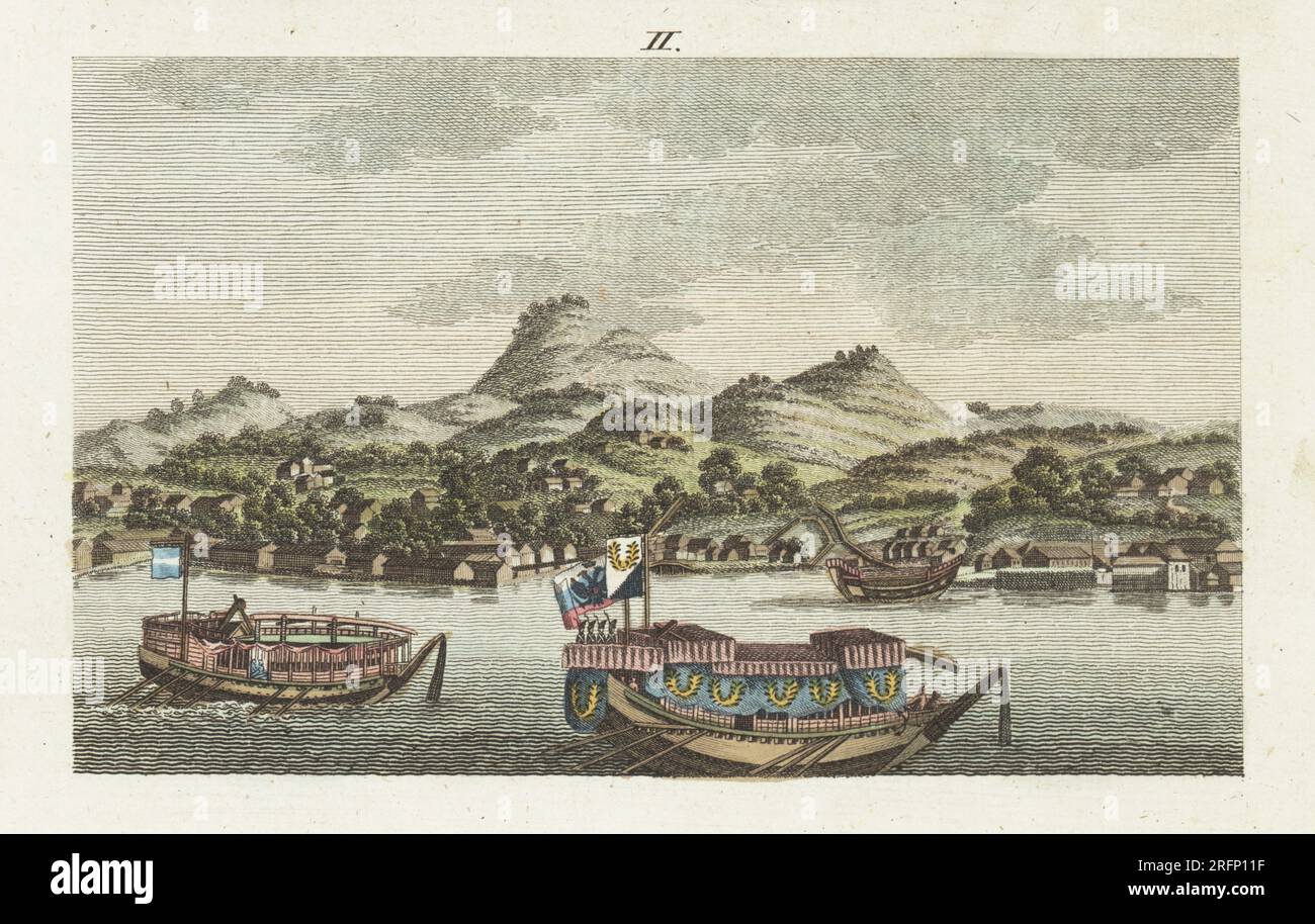 Russian Ambassador Nikolay Rezanov brought ashore to Nagasaki, Japan, from Captain Adam Johann von Krusenstern's ship Nadezhda, 1804. Daimyo Nabeshima of Hizen Province, supplied a luxury gozabune decorated with curtains, his own ensign and the Russian Imperial eagle standard. Handcoloured copperplate engraving from Carl Bertuch's Bilderbuch fur Kinder (Picture Book for Children), Weimar, 1810. Stock Photo