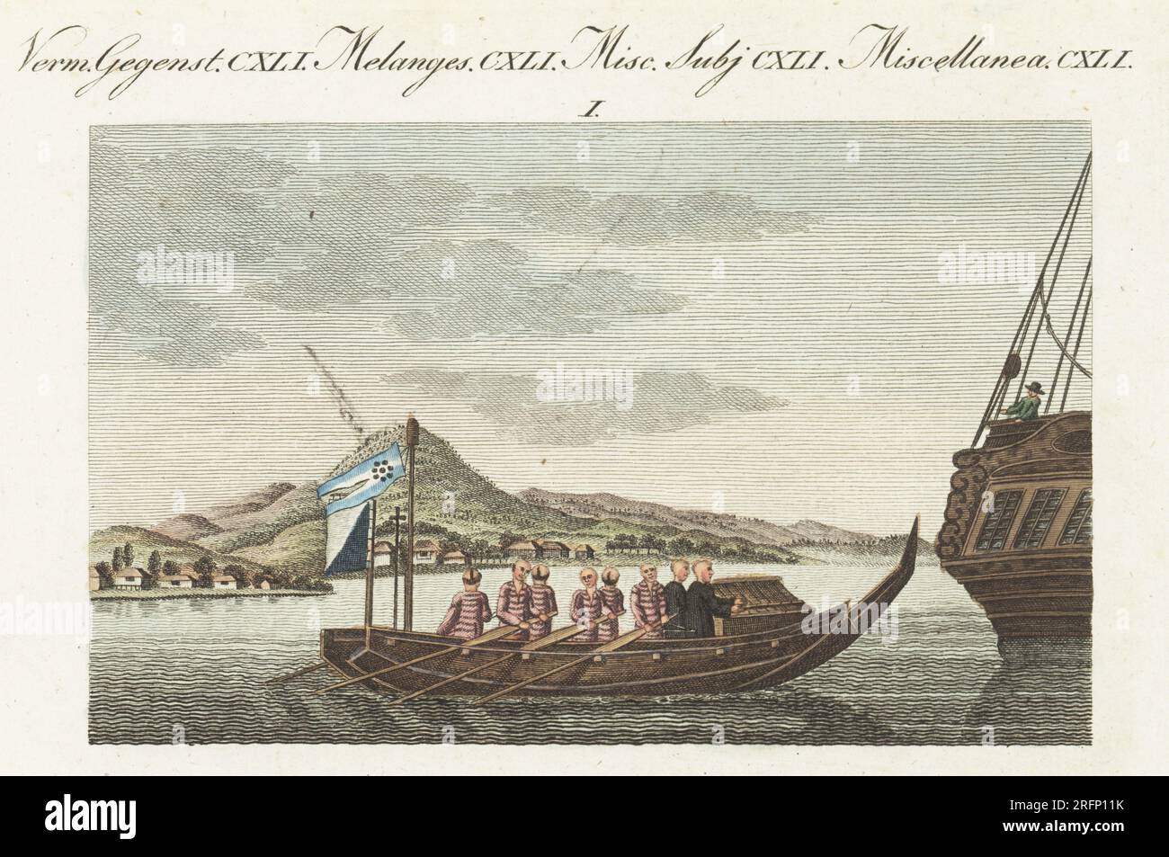 Two Japanese officials and six sailors of Daimyo Nabeshima of Hizen Province on a row boat to Captain Adam Johann von Krusenstern's ship Nadezhda near Nagasaki, Japan, 1804. The Japanese later ejected Russian Ambassador Nikolay Rezanov. Handcoloured copperplate engraving from Carl Bertuch's Bilderbuch fur Kinder (Picture Book for Children), Weimar, 1810. Stock Photo