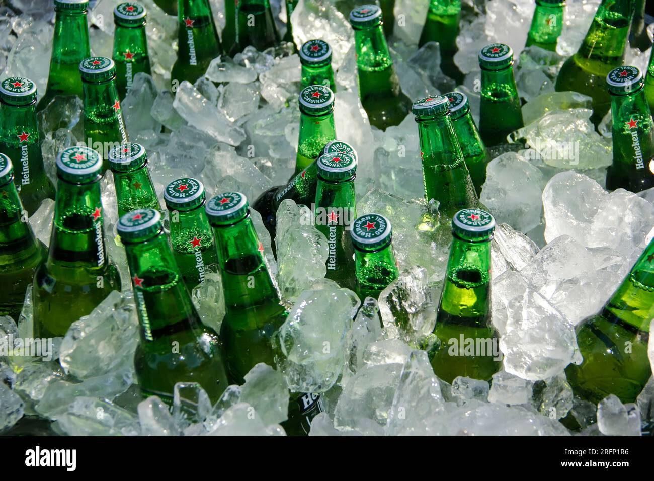 Minas Gerais, Brazil July 1, 2023 Bottles of Heineken beer, the flagship product of Heineken