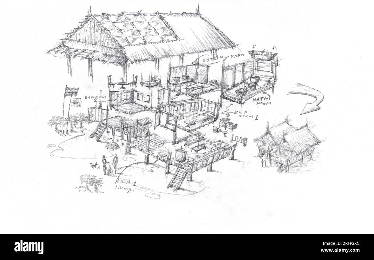Cutaway Thai house wood structure twin roof in tropical season by pencil. Stock Photo