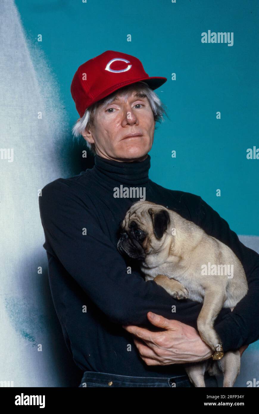 Andy Warhol poses wearing Cincinnati Reds baseball cap while holding pug breed dog in 1982. Warhol was an American visual artist, film director, producer, and leading figure in the pop art movement. His works explore the relationship between artistic expression, advertising, and celebrity culture that flourished by the 1960s, and span a variety of media, including painting, silkscreening, photography, film, and sculpture. Some of his best-known works include the silkscreen paintings Campbell's Soup Cans  and Marilyn Diptych. Photo by Bernard Gotfryd Stock Photo