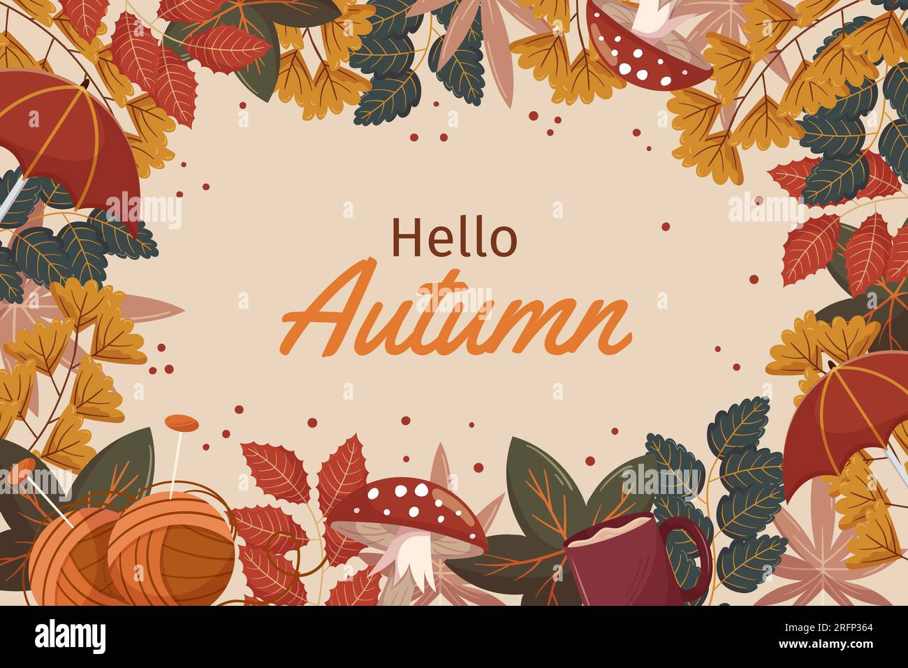 Hello Autumn background design with different leaves branches, knits ...