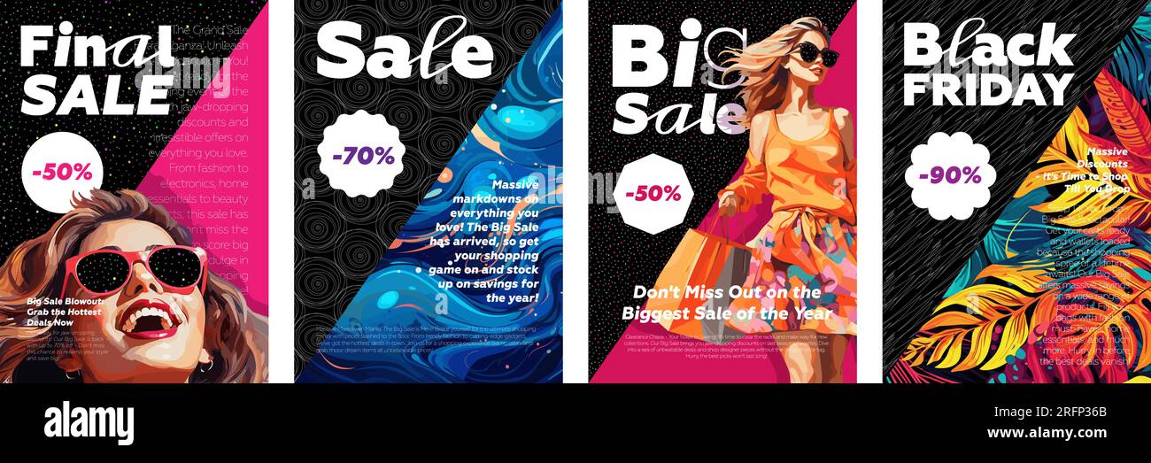 Sale and discount poster set. Collage beautiful woman on bright background. Black Friday promo