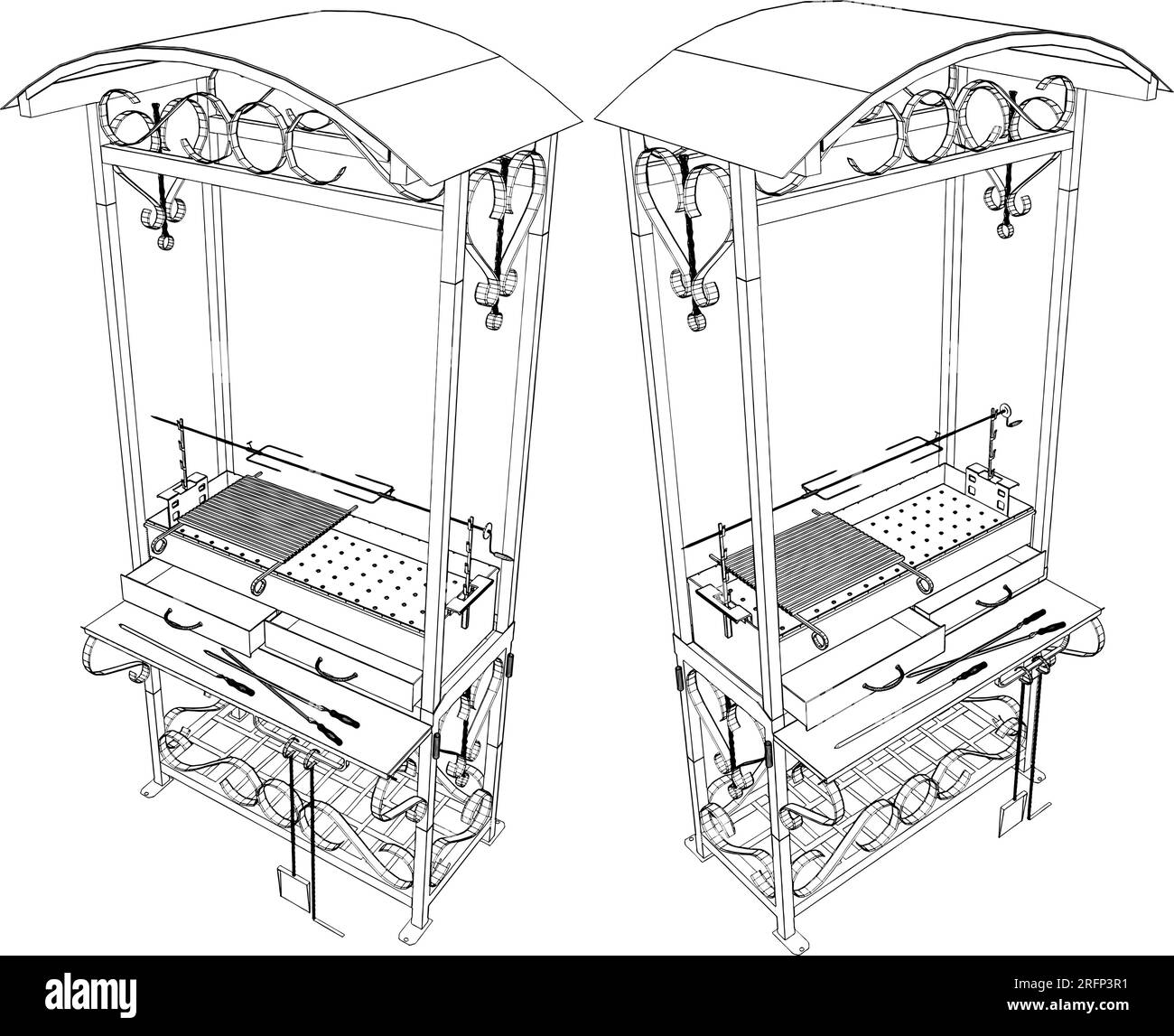 Barbecue Grill Vector. Brazier Forged With A Spit BBQ. Isolated On White Background. A Vector Illustration Of A Barbecue Grill. Stock Vector