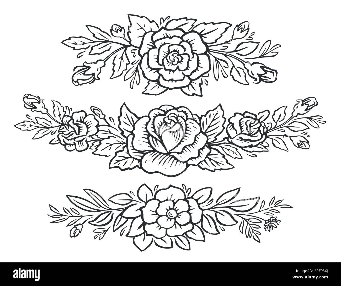 Floral frame border set. Roses, flowers and leaves. Hand drawn vintage ...