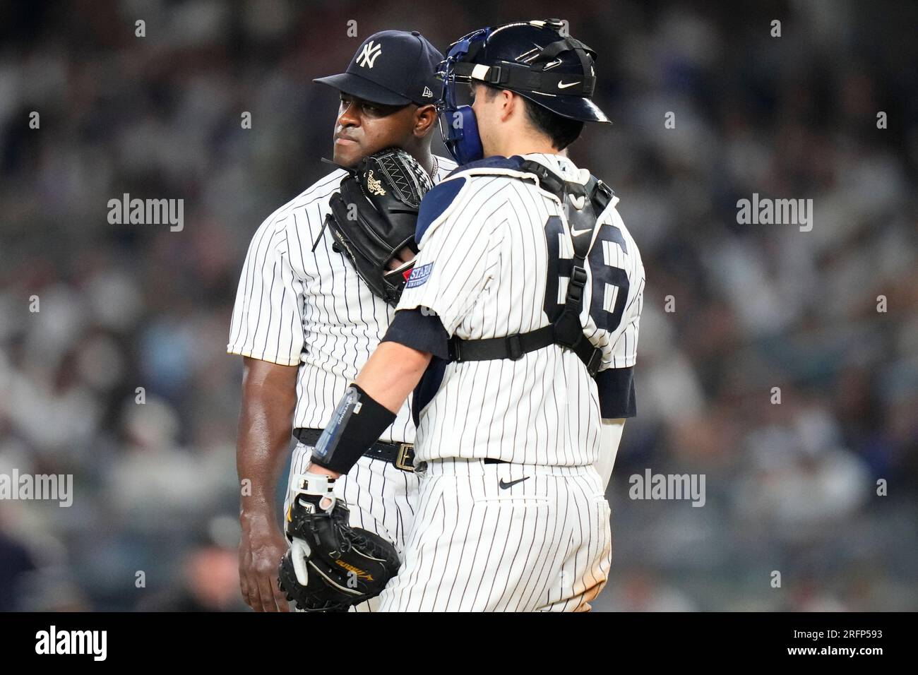 Bronx, United States. 03rd June, 2021. New York Yankees catcher Kyle  Higashioka comes to the mound to talk to starting pitcher Gerrit Cole in  the 5th inning against the Tampa Bay Rays