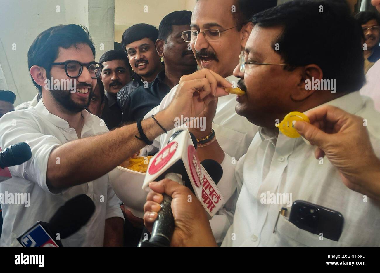 Mumbai, India. 04th Aug, 2023. MUMBAI, INDIA - AUGUST 4: Cong MLA celebrates with Aditya Thackeray, on stairs for Supreme Court decision on Cong leader Rahul Gandhi, during the monsoon assembly session at Vidhan Bhavna on August 4, 2023 in Mumbai, India. (Photo by Anshuman Poyrekar/Hindustan Times/Sipa USA) Credit: Sipa USA/Alamy Live News Stock Photo