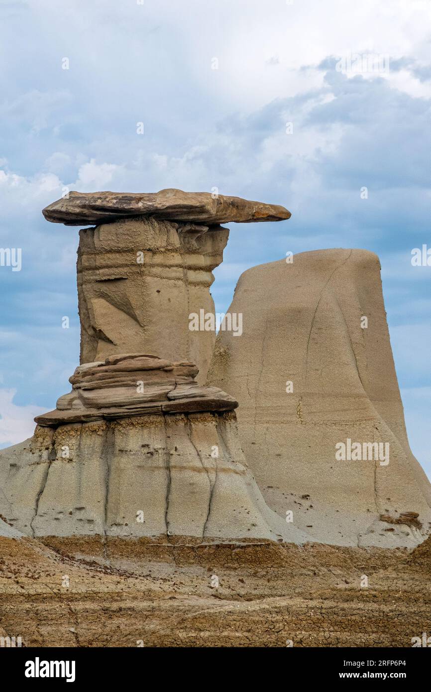 The Hoodoos are are popular sightseeing destination in Drumheller Alberta cosidting of sandstone colums that have been formed through erosion caused b Stock Photo
