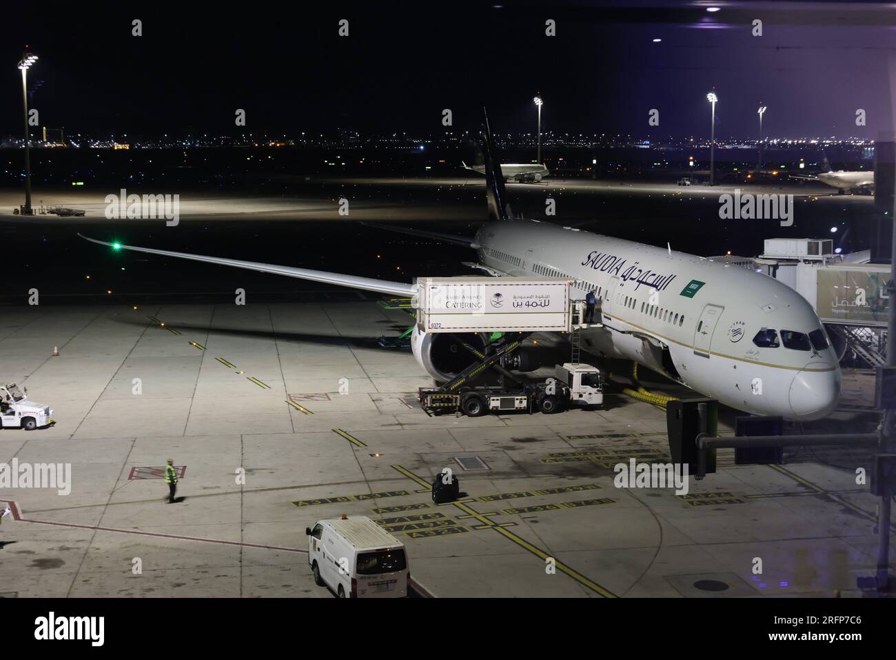 Jeddah, Saudi Arabia. 4th Aug, 2023. A Boeing 787-9 of Saudi Arabian Airlines (Saudia), the airline's first direct flight between Jeddah and Beijing, prepares to take off at Jeddah Airport in Jeddah, Saudi Arabia, Aug. 4, 2023. Saudi Arabian Airlines (Saudia) launched on Friday a direct route connecting the kingdom's capital Riyadh and Red Sea port city of Jeddah to Beijing, capital of China. Credit: Wang Haizhou/Xinhua/Alamy Live News Stock Photo
