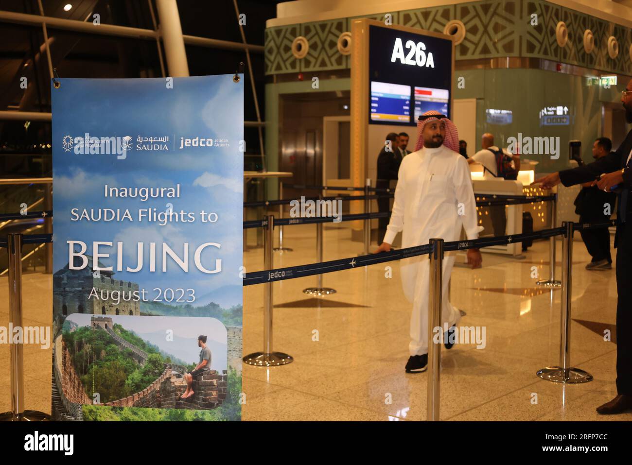 Jeddah, Saudi Arabia. 4th Aug, 2023. Passengers prepare to board a direct flight to Beijing at Jeddah Airport in Jeddah, Saudi Arabia, Aug. 4, 2023. Saudi Arabian Airlines (Saudia) launched on Friday a direct route connecting the kingdom's capital Riyadh and Red Sea port city of Jeddah to Beijing, capital of China. Credit: Wang Haizhou/Xinhua/Alamy Live News Stock Photo