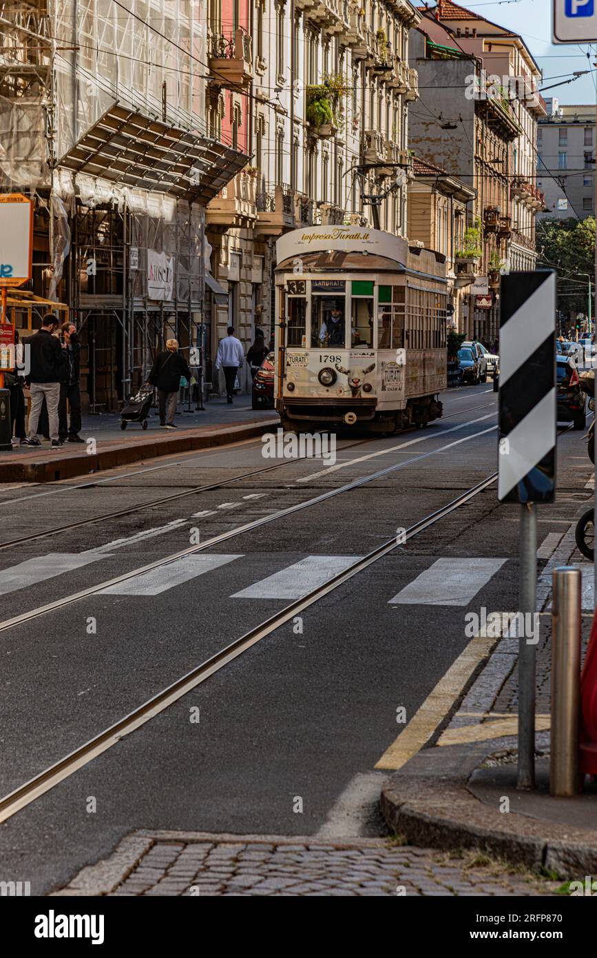 Tram on street in Milan Stock Photo