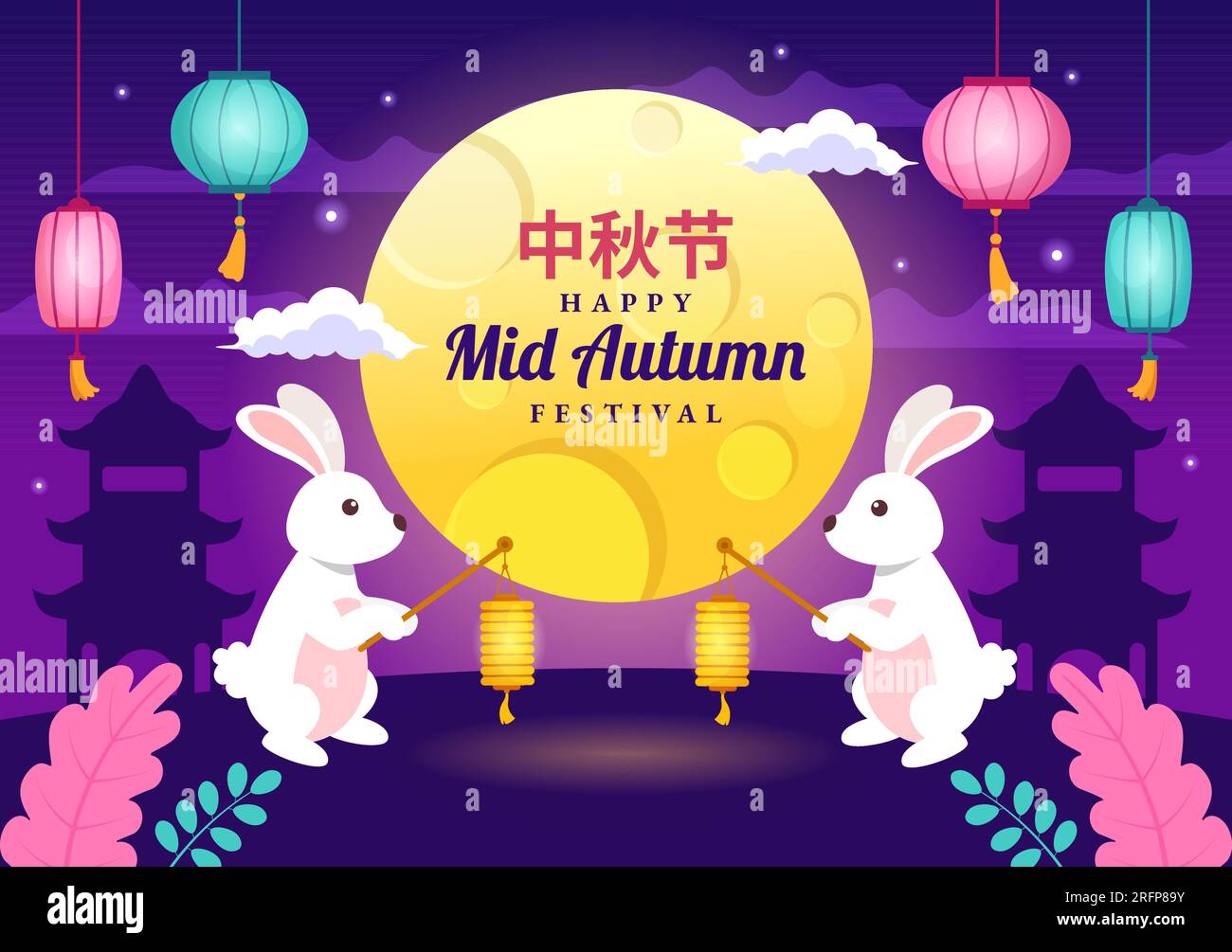 Happy Mid Autumn Festival Vector Illustration with Rabbits Carrying ...