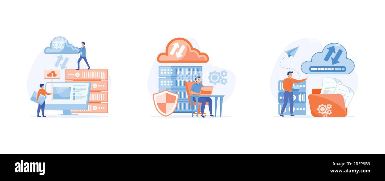cloud computing concept. data center, file management, cloud storage. set flat vector modern illustration Stock Vector