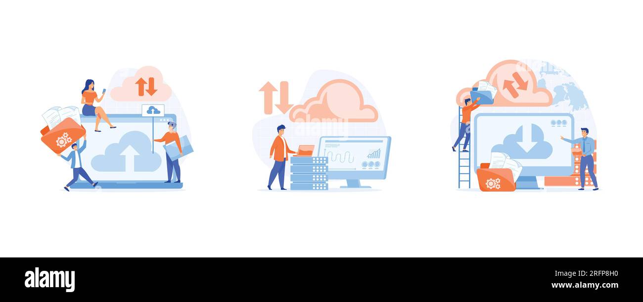 Business technology concept, file upload backup on cloud server storage, cloud computing service , online database, set flat vector modern illustratio Stock Vector