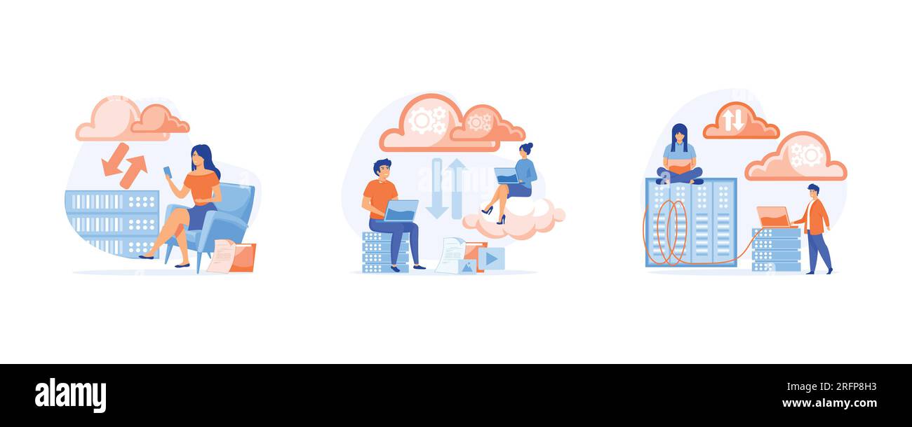 Cloud storage concept, information hosting technology, data storage and backup, Cloud data server, set flat vector modern illustration Stock Vector