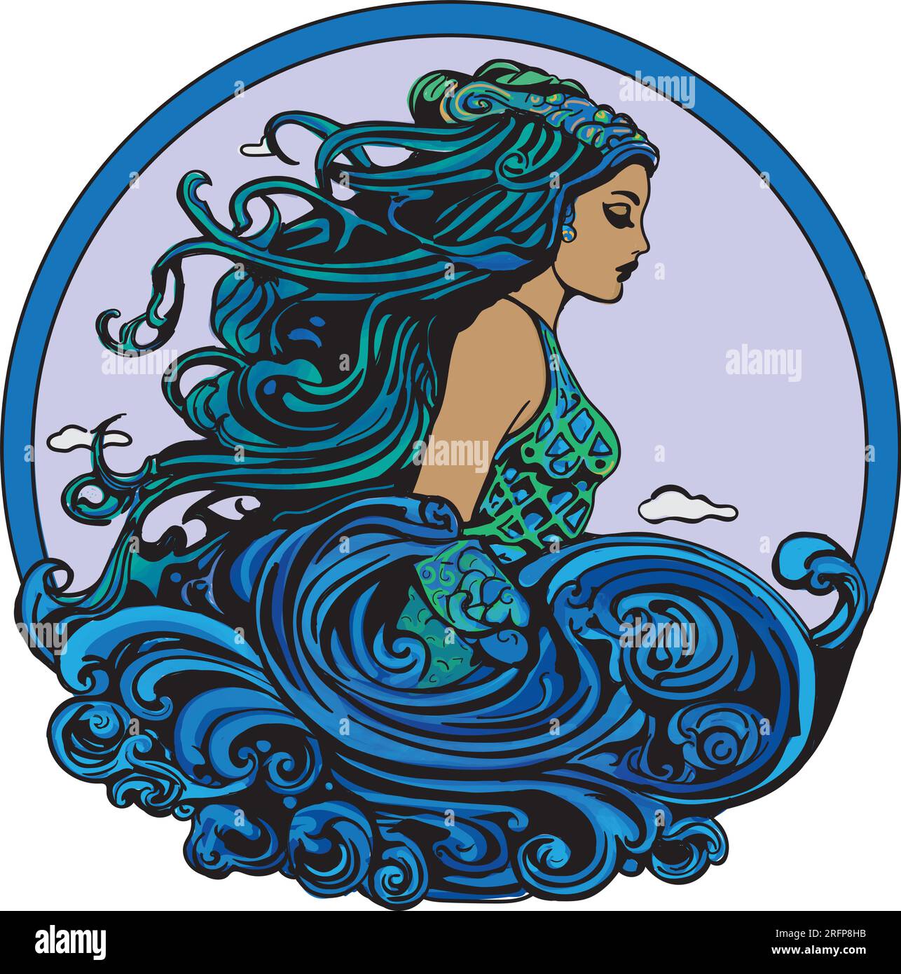 Vector illustration of a mermaid in blue and green, ocean waves Stock Vector